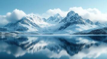 A mountain range is reflected in a lake photo