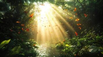 Sunlight shining through the trees in a jungle photo