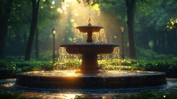 A fountain in the middle of a park with sunlight shining through the trees photo