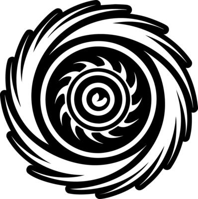 A black and white logo of a spinning wheel