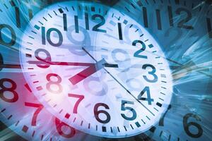 Complex precision times clock business working hours moving. Stacked multiple dimension time space graphic art concept. photo