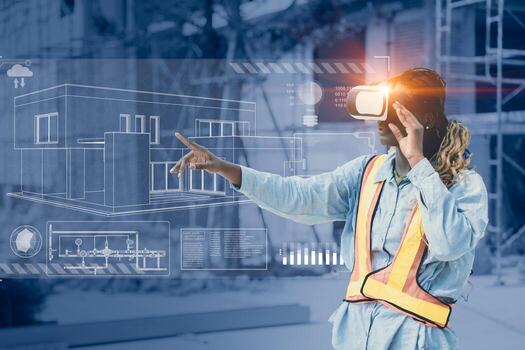 Futuristic Builder Architect Engineer Wearing Augmented Reality Headset and Using Gestures to Look Design Commercial Building Construction Site. photo