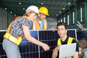 engineer team working check testing solar panel process before sand to customer for setup install photo