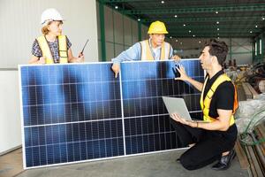 engineer team working check testing solar panel process before sand to customer for setup install photo