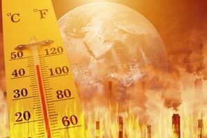 city hot temperature ,Thermometer on yellow sky with sun shining in summer show higher Weather, concept global warming, Element from NASA photo