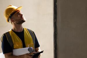 Engineer worker builder contractor work in construction site for building inspector QC job checking detail project progress photo