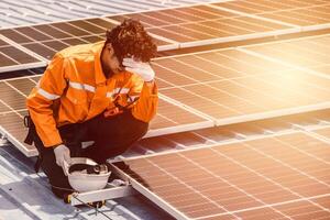 outdoor worker feel dizzy faint from hot weather, tired exhausted from overheat environment health problem dangerous at work photo