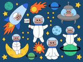 Cute cat astronaut in space with planet and moon constellation, stars, comet. Flat Illustration. vector