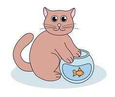 Problem with cat behavior. Kitten fishing in aquarium. Cute hand drawn flat illustration. vector