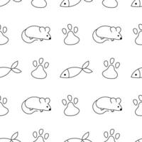 Seamless pattern with Cute mouse, fish and paw. Outline, Doodle, Line Art. Animal Background. Flat illustration. vector