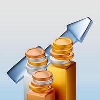 3D stack of coins on metal block podium and arrow. Pile of dollar coin stage render. Dollar money sign. Growth, income, savings, investment. vector