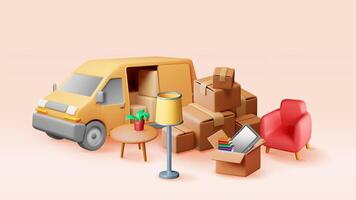 3D delivery van with open door and home stuff inside. Render moving to new house vector