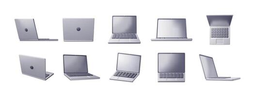 3D set of cartoon laptop computer isolated. Render collection of notebook LCD display mock up with blank screen vector