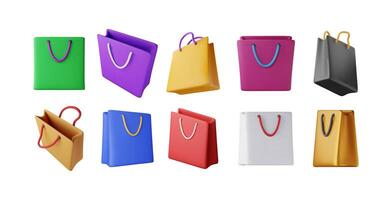3D set of shopping bag isolated on white background. Render collection of realistic gift bag vector