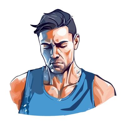 Muscular athlete looking sad in cartoon illustration icon isolated