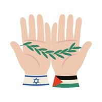 israel and palestine flags in hands with olive branch design vector