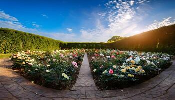 Landscape view of rose garden in bloom and European style with bright blue sky and puffy cloudss background photo