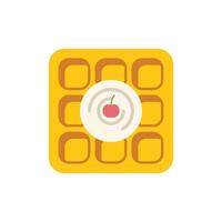 Square waffle with whipped cream and cherry being served for breakfast vector