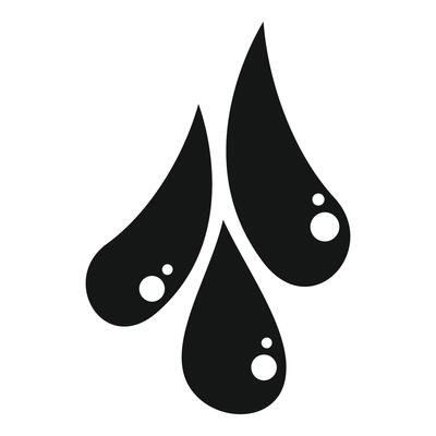 Three black falling water drops with bubbles reflecting light