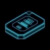 Blue glowing neon line sim card for mobile phone showing an isometric view vector