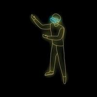 Man experiencing virtual reality with headset glowing neon icon vector