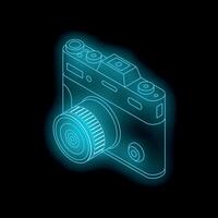 Blue neon camera shining in the dark background vector