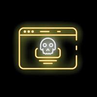 Neon yellow cyber crime icon showing skull on computer screen vector