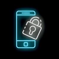 Neon icon of smartphone displaying security padlock vector