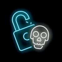 Neon sign showing unlocked padlock and skull representing cyber security threat vector