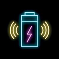 Neon battery icon glowing on dark background vector