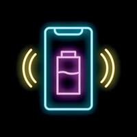 Neon icon of smartphone receiving wireless charge showing battery status vector