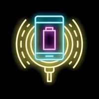 Neon sign of smartphone charging wirelessly with full battery indicator on black background vector