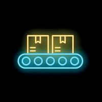 Neon conveyor belt moving boxes icon on black background vector