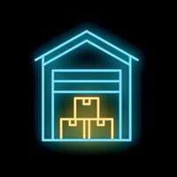 Neon warehouse icon depicting storage building with boxes inside vector