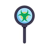 Magnifying glass showing biohazard symbol representing virus search vector