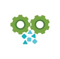 Two green gears processing blue data points generating information vector