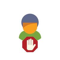 Person making stop gesture with hand over red sign vector