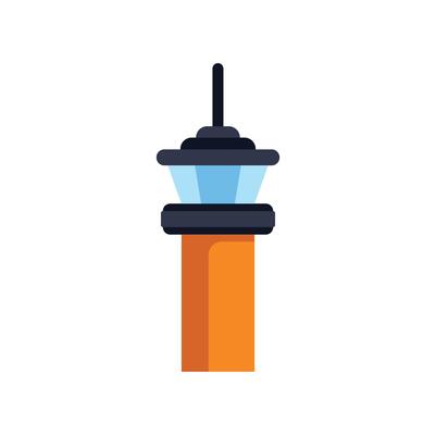 Airport traffic control tower emitting light signaling to plane
