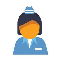 Female hotel employee wearing uniform and a hat smiling at client in a hotel lobby vector