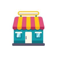 Small business storefront with striped awning and blank signboard is waiting for customers vector