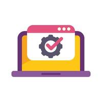 Website configuration showing successful update with gear icon displaying check mark symbol on laptop computer screen vector