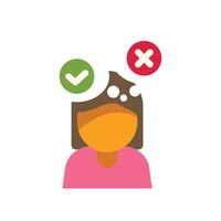 Woman making decision choosing right or wrong with check mark and cross symbols above head vector