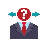 Businessman making decision with arrows pointing to question mark head vector