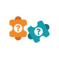 Two puzzle pieces connecting with question marks symbolizing problem solving vector