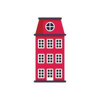 Red apartment building facade with many windows and a mansard roof vector