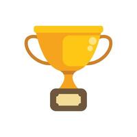 Golden trophy cup standing on wooden pedestal with empty plate for text vector
