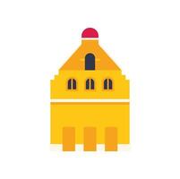 Yellow facade building with red roof, windows showing and three doors below vector