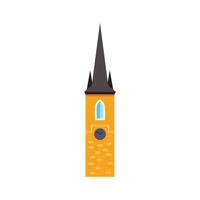 Tall yellow medieval building clock tower with spires reaching to the sky vector