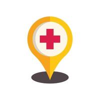Yellow location pin pointing with red cross symbol inside vector