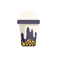 Plastic cup of bubble tea with tapioca pearls and milk foam being prepared for customer vector